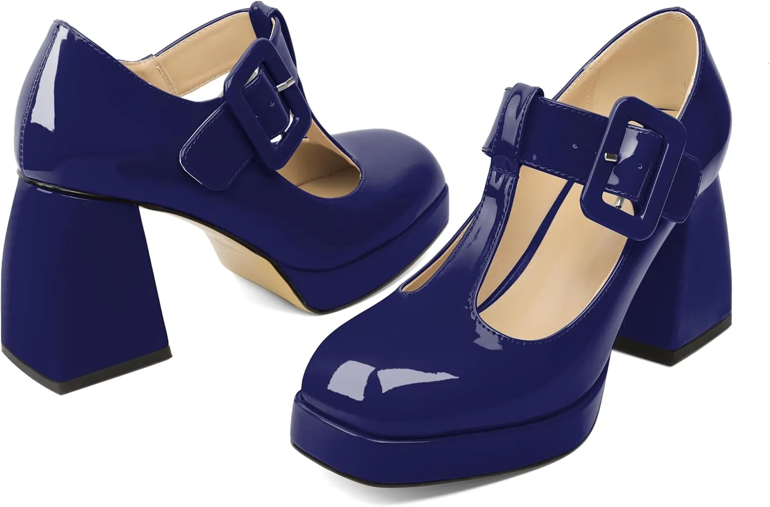 YODEKS Women's High Heels Square Toe Mary Jane Pumps Chunky Heel Platform Dress Shoes