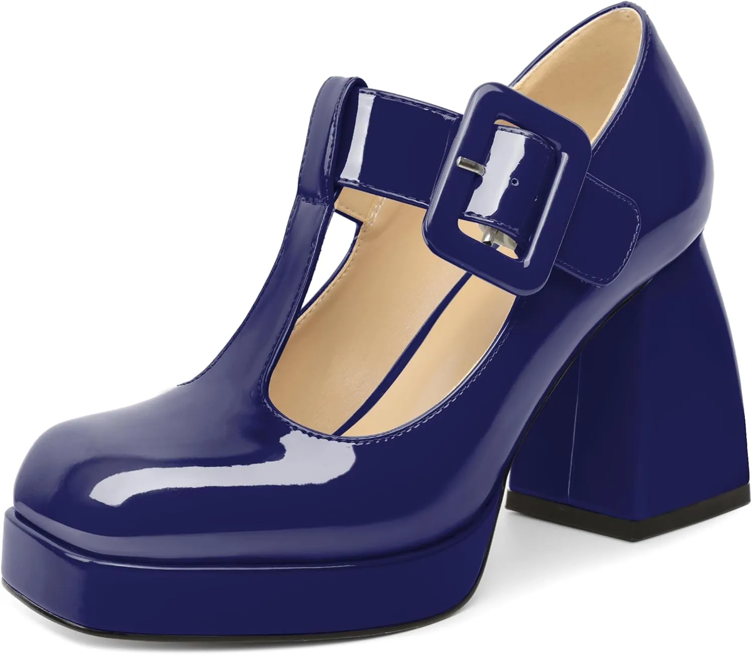 YODEKS Women's High Heels Square Toe Mary Jane Pumps Chunky Heel Platform Dress Shoes