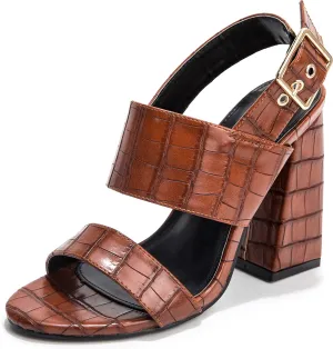 YooPrettyz Women Open Toe Heeled Sandal Snake Printed Block Heels Slingbacks Crocodile Leather Summer Dressy Heels Brown 10