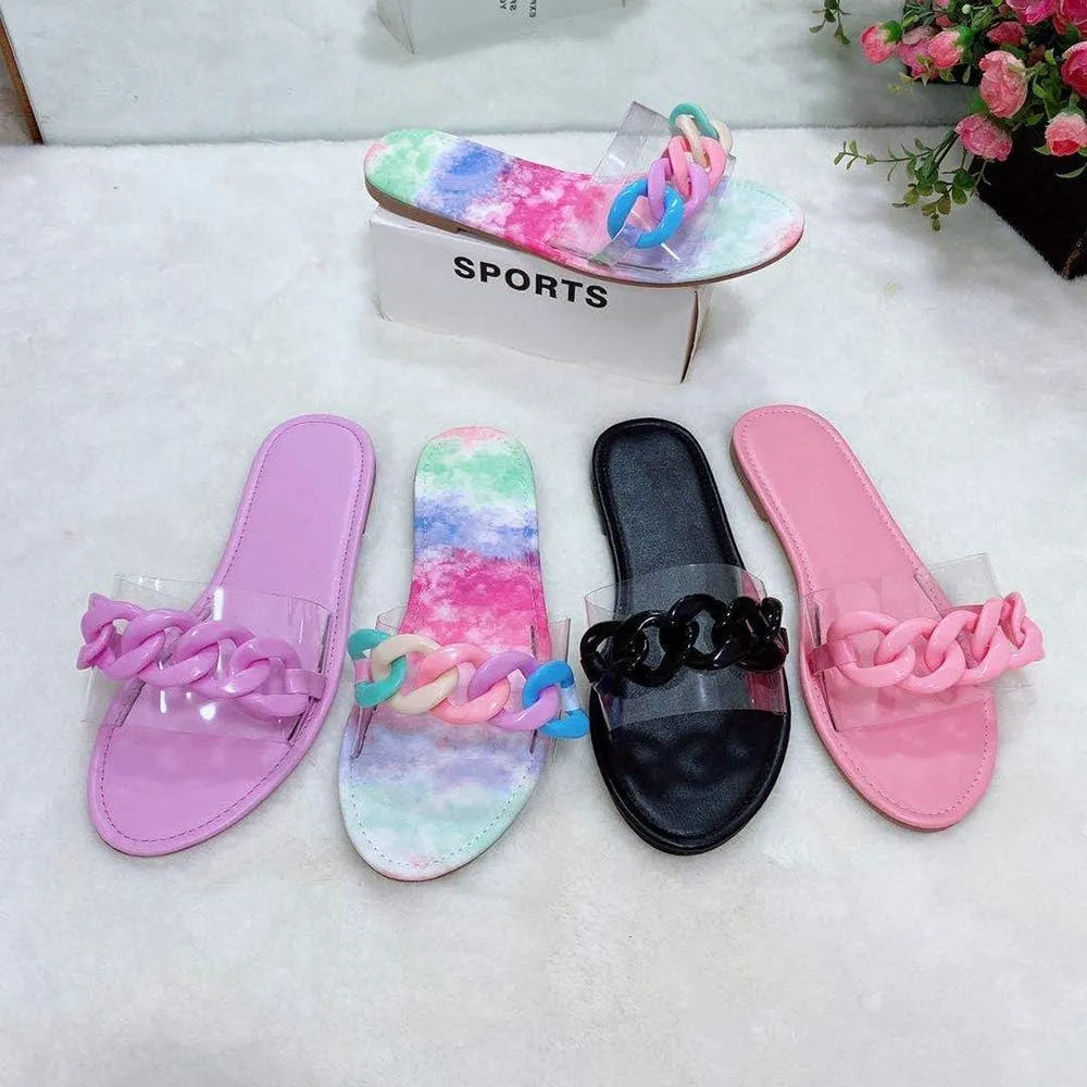YSMIIH Women Sandals Beach Open Toe Flat Slippers Transparent TPR Fashion Colorful Chain Clear Slide Flip Flops Slip on Outdoor Beach