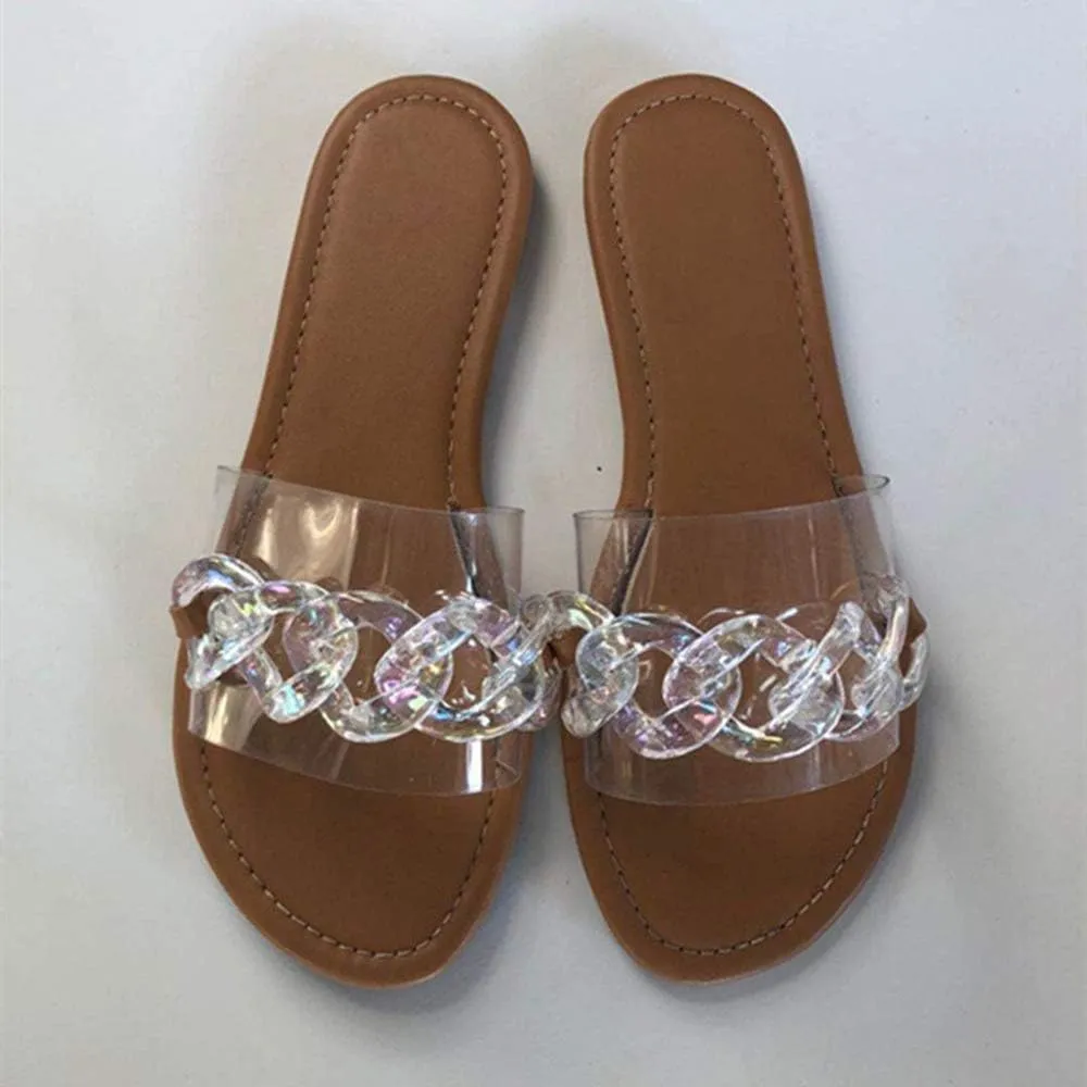 YSMIIH Women Sandals Beach Open Toe Flat Slippers Transparent TPR Fashion Colorful Chain Clear Slide Flip Flops Slip on Outdoor Beach