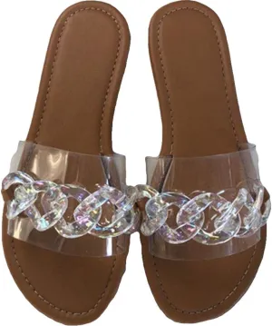 YSMIIH Women Sandals Beach Open Toe Flat Slippers Transparent TPR Fashion Colorful Chain Clear Slide Flip Flops Slip on Outdoor Beach