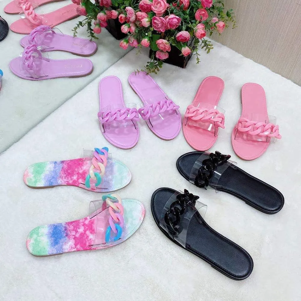 YSMIIH Women Sandals Beach Open Toe Flat Slippers Transparent TPR Fashion Colorful Chain Clear Slide Flip Flops Slip on Outdoor Beach