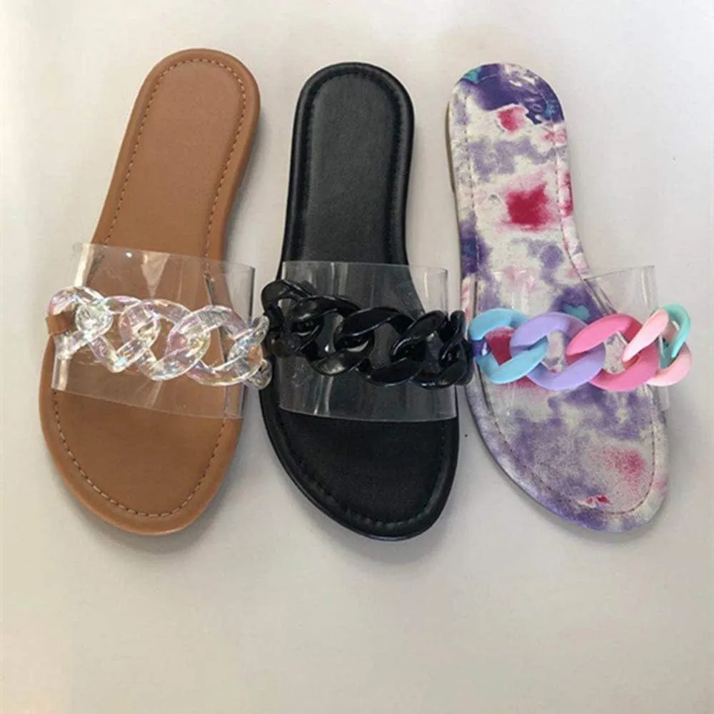 YSMIIH Women Sandals Beach Open Toe Flat Slippers Transparent TPR Fashion Colorful Chain Clear Slide Flip Flops Slip on Outdoor Beach