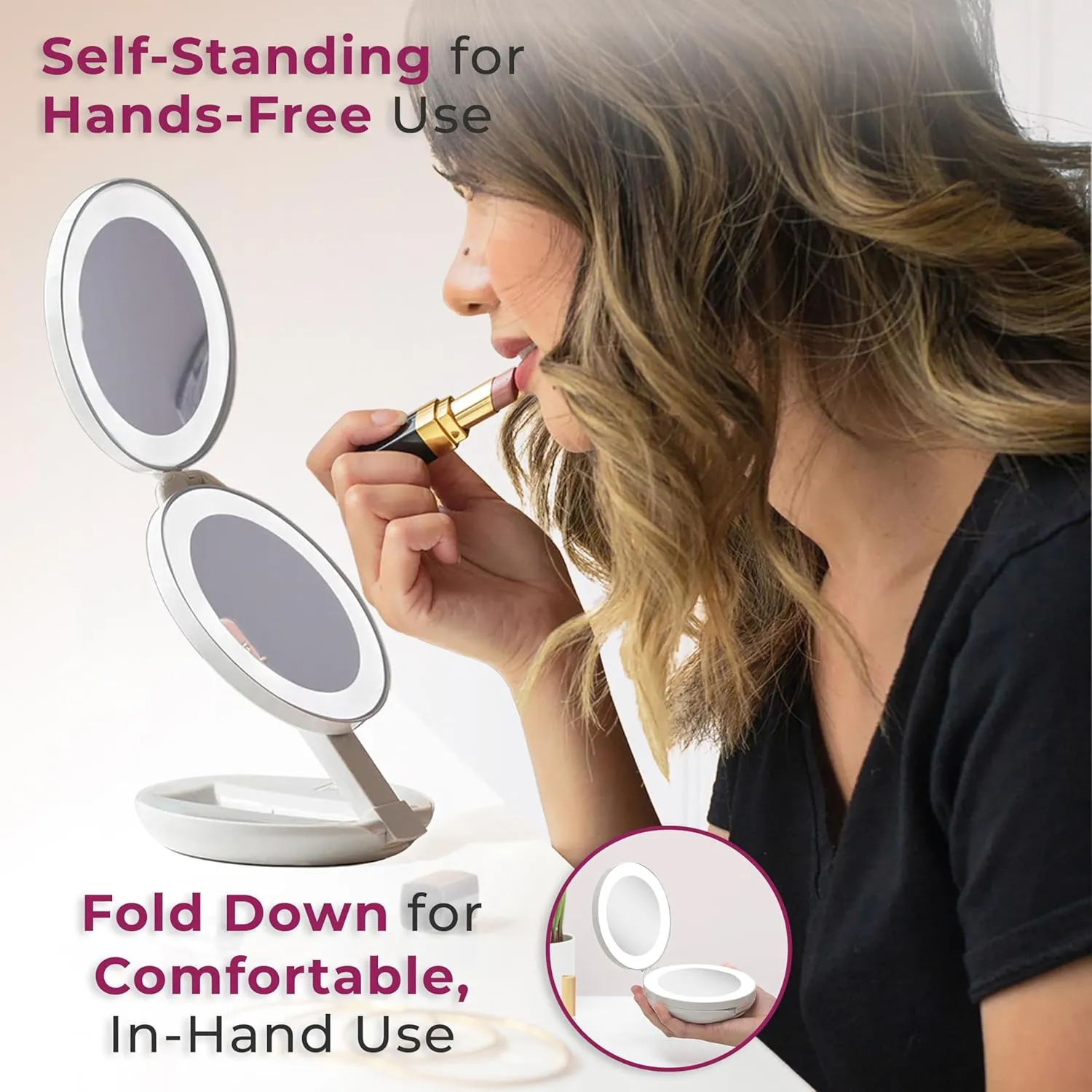 Zadro Compact Travel Makeup Mirror with Lights, 10X/1X Dual Magnification, LED Lighted Folding Design, Battery Operated Portable Mirror for Purse, Desk, or Travel Use (Chocolate)