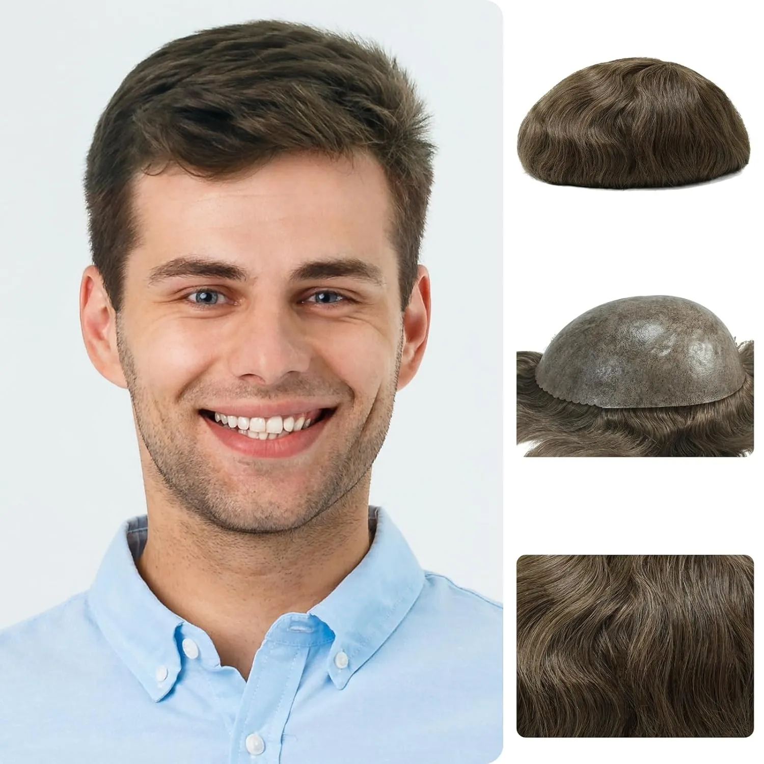 Zakya Hair System for Men Thin Skin with Gauze Durable Men's Hair System Real Human Hair Men's Hairpieces 8x10 Inches Base Replacement System for Men Light Brown 7#