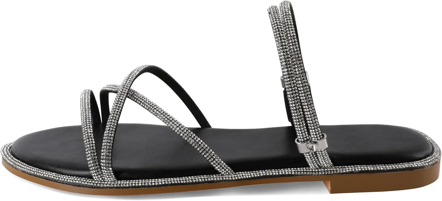 Zamikoo Flat Sandals for Women Rhinestone Wrap Around Open Toe Slip On Cute Flat Sandals for Summer Sparkly Slides Sandals