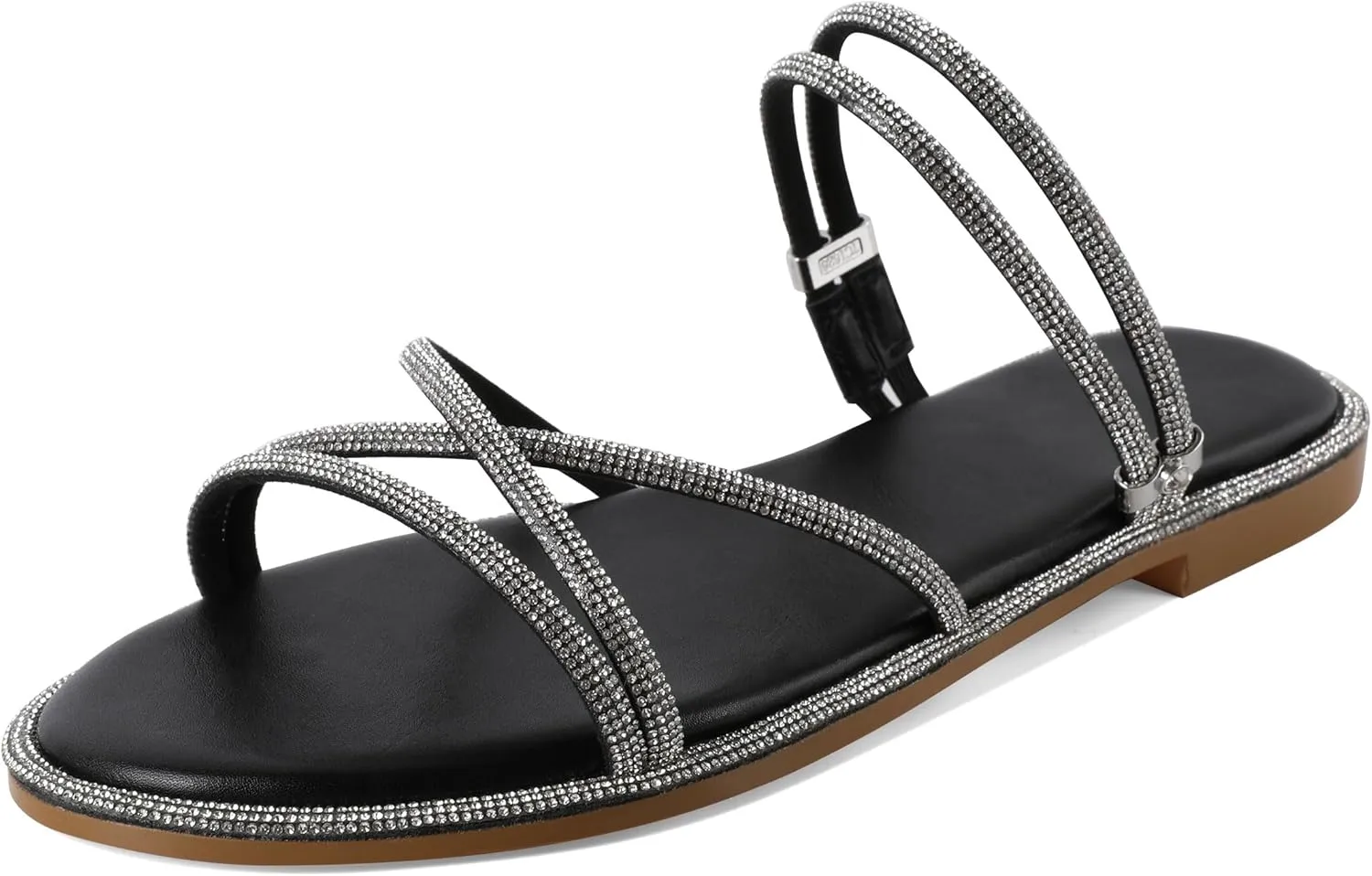 Zamikoo Flat Sandals for Women Rhinestone Wrap Around Open Toe Slip On Cute Flat Sandals for Summer Sparkly Slides Sandals
