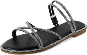Zamikoo Flat Sandals for Women Rhinestone Wrap Around Open Toe Slip On Cute Flat Sandals for Summer Sparkly Slides Sandals