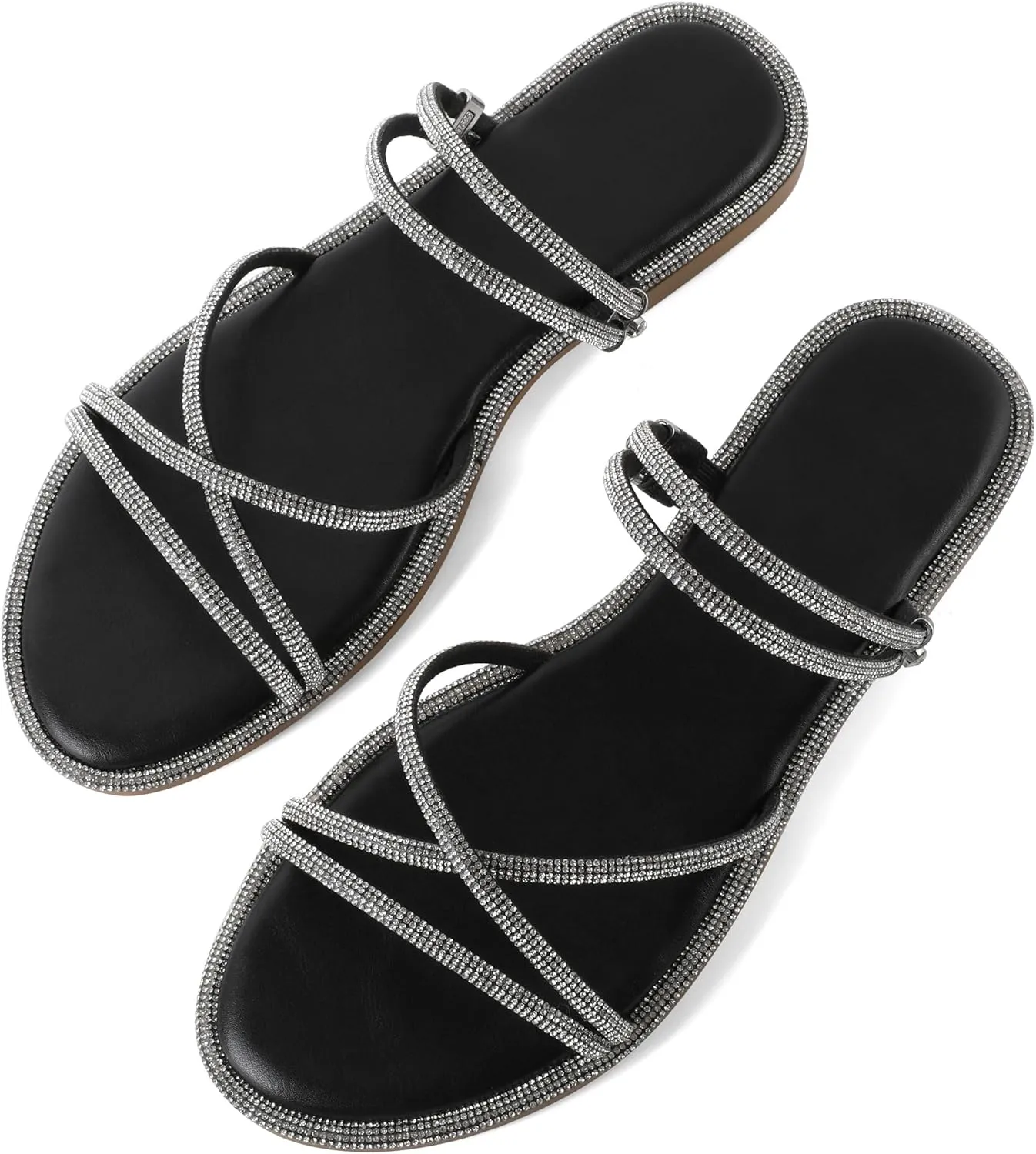 Zamikoo Flat Sandals for Women Rhinestone Wrap Around Open Toe Slip On Cute Flat Sandals for Summer Sparkly Slides Sandals