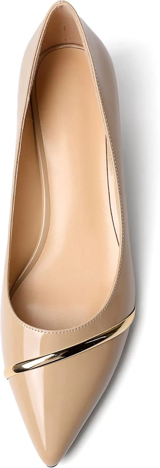 Zamikoo Women Pumps Kitten Heel Pointed Toe 1.5 Inches Stylish Instep Gold Strap Leather Patent Elegant Dress Shoes US Size 5- Size 13