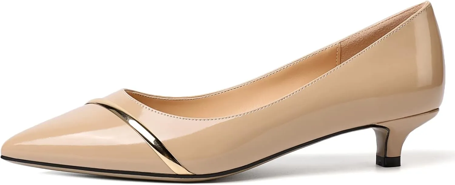 Zamikoo Women Pumps Kitten Heel Pointed Toe 1.5 Inches Stylish Instep Gold Strap Leather Patent Elegant Dress Shoes US Size 5- Size 13
