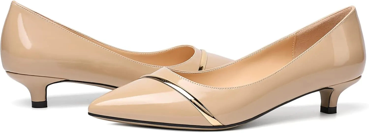 Zamikoo Women Pumps Kitten Heel Pointed Toe 1.5 Inches Stylish Instep Gold Strap Leather Patent Elegant Dress Shoes US Size 5- Size 13
