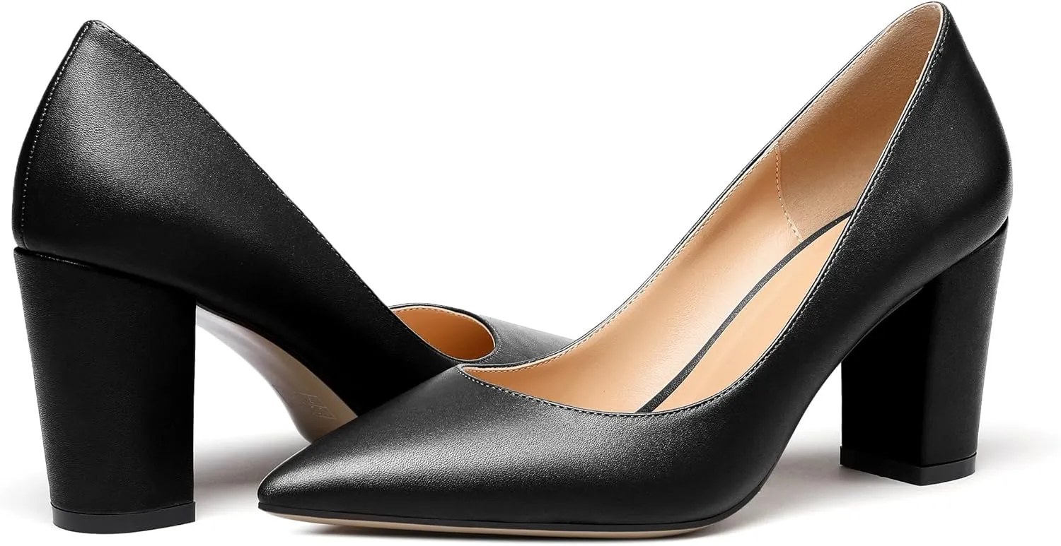 Zamikoo Women's Chunky Heel Pumps Pointy Toe Slip On Classic High Heel Shoes 3.35 Inches