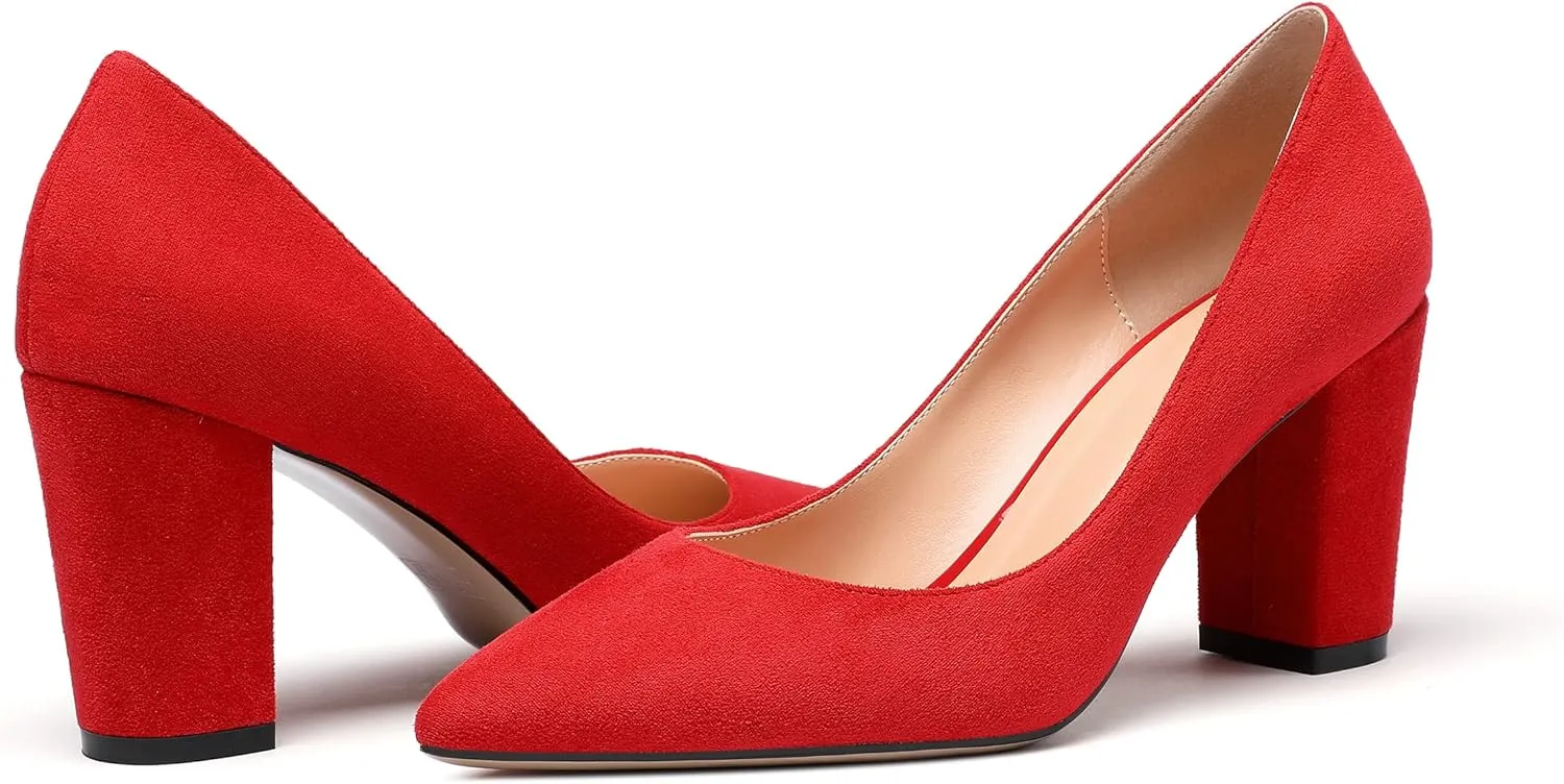 Zamikoo Women's Chunky Heel Pumps Pointy Toe Slip On Classic High Heel Shoes 3.35 Inches