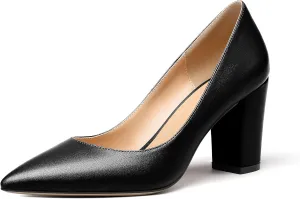 Zamikoo Women's Chunky Heel Pumps Pointy Toe Slip On Classic High Heel Shoes 3.35 Inches