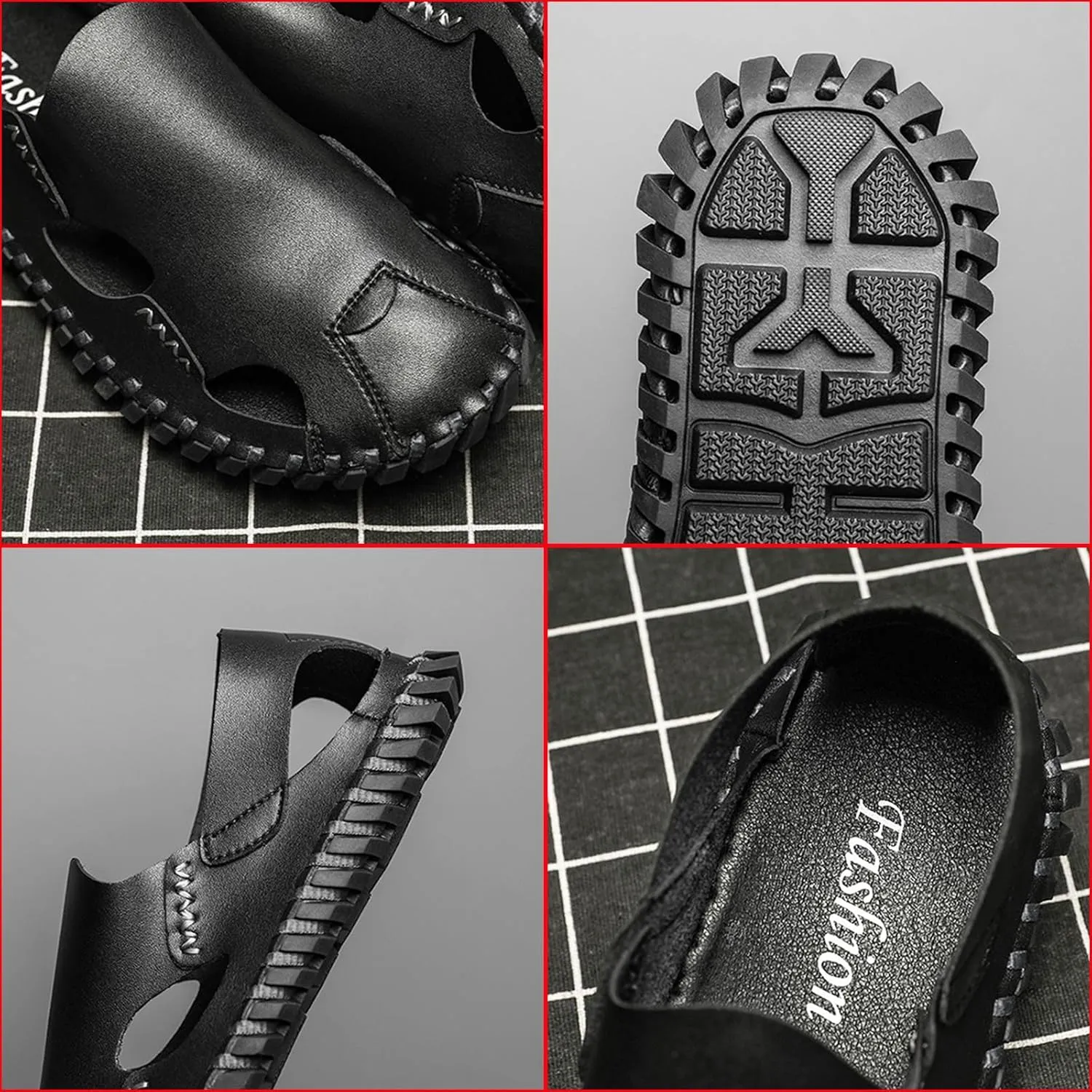 Zeberfi Men's Hollow Leather Closed Toe Flat Sandals Casual Outdoor Athletic Handmade Slip On Beach Shoes Summer Breathable Comfort Walking Sports Hiking Sandals