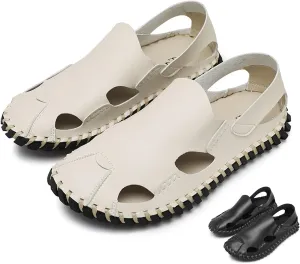 Zeberfi Men's Hollow Leather Closed Toe Flat Sandals Casual Outdoor Athletic Handmade Slip On Beach Shoes Summer Breathable Comfort Walking Sports Hiking Sandals