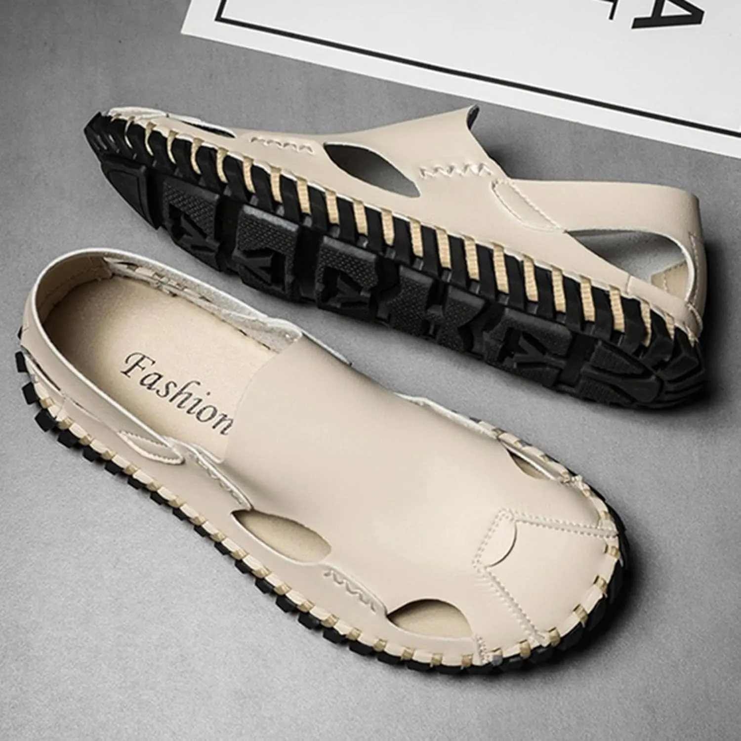 Zeberfi Men's Hollow Leather Closed Toe Flat Sandals Casual Outdoor Athletic Handmade Slip On Beach Shoes Summer Breathable Comfort Walking Sports Hiking Sandals