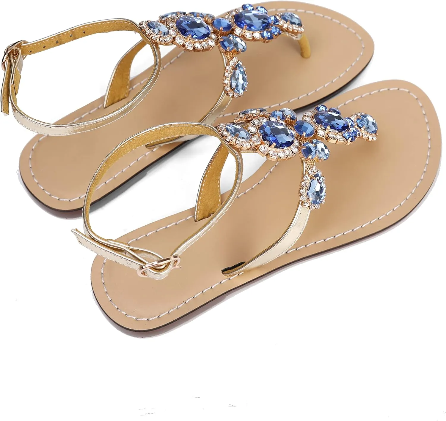 ZhuLinFeng Women'S Rhinestone Gladiator Sandals Flat Wedding Sandals Gem Pearl Sparkling Bridal Bridesmaid Sandals Blue Bohemian Sandals