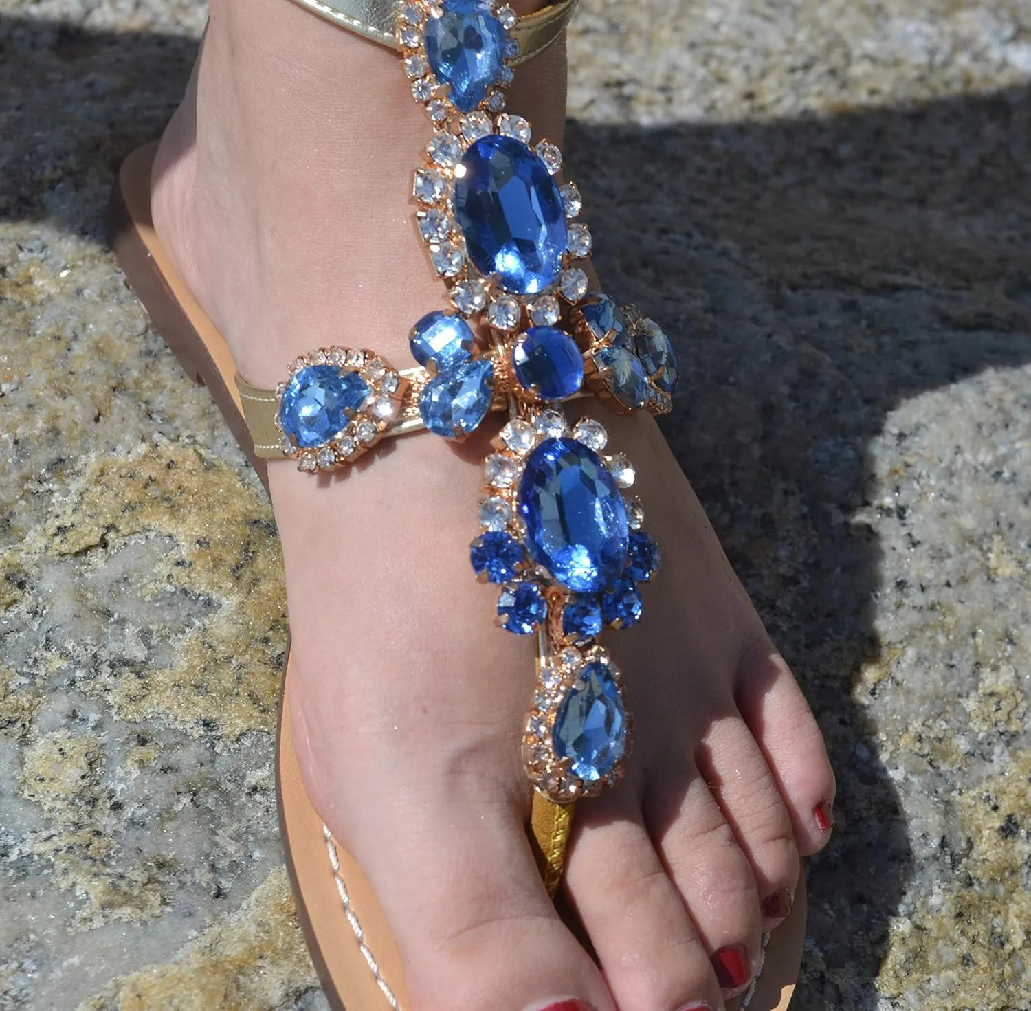 ZhuLinFeng Women'S Rhinestone Gladiator Sandals Flat Wedding Sandals Gem Pearl Sparkling Bridal Bridesmaid Sandals Blue Bohemian Sandals