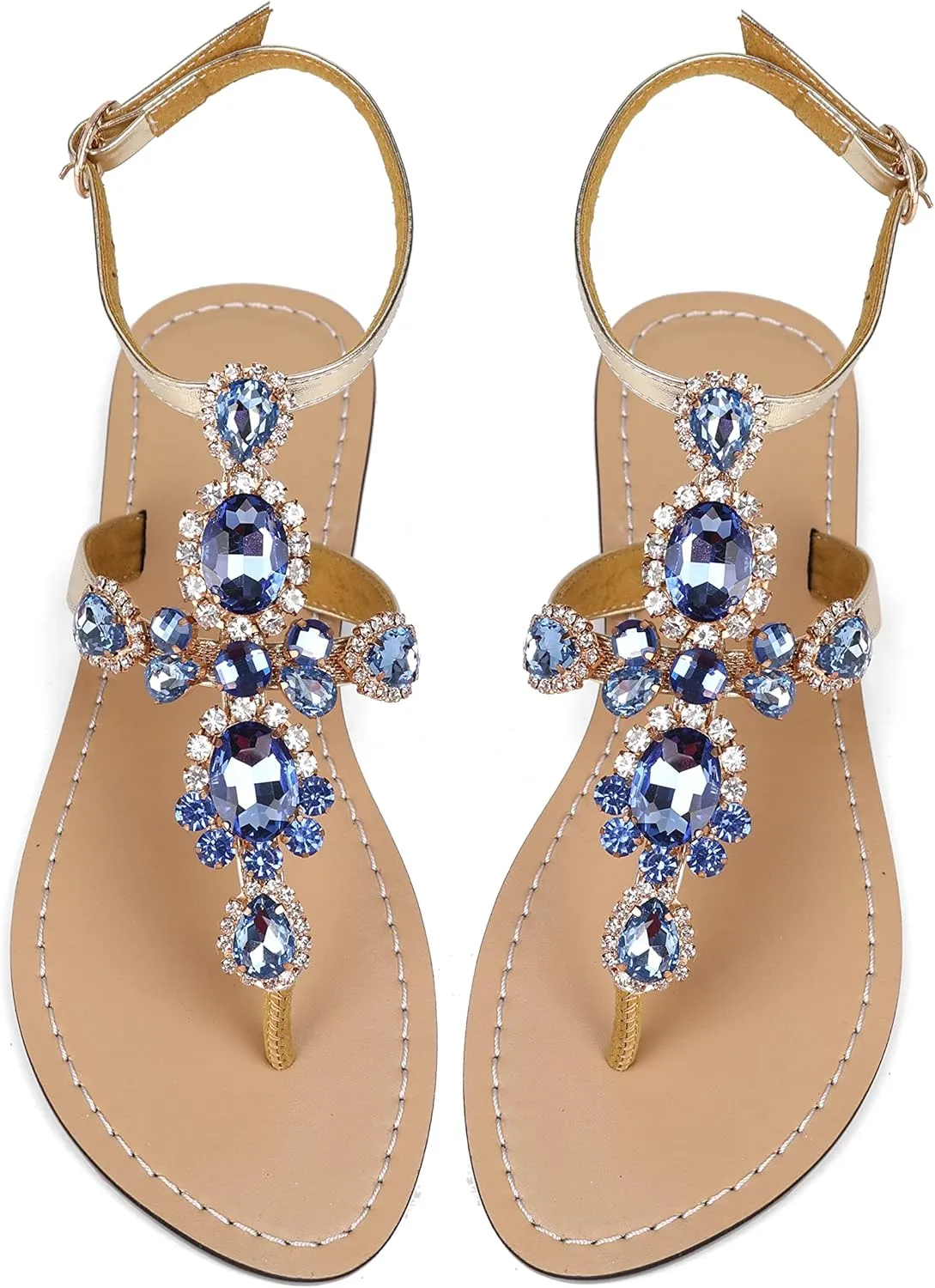 ZhuLinFeng Women'S Rhinestone Gladiator Sandals Flat Wedding Sandals Gem Pearl Sparkling Bridal Bridesmaid Sandals Blue Bohemian Sandals