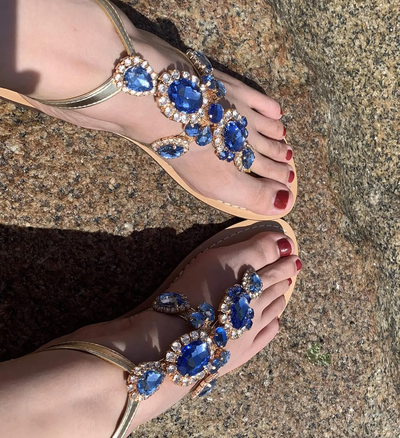 ZhuLinFeng Women'S Rhinestone Gladiator Sandals Flat Wedding Sandals Gem Pearl Sparkling Bridal Bridesmaid Sandals Blue Bohemian Sandals