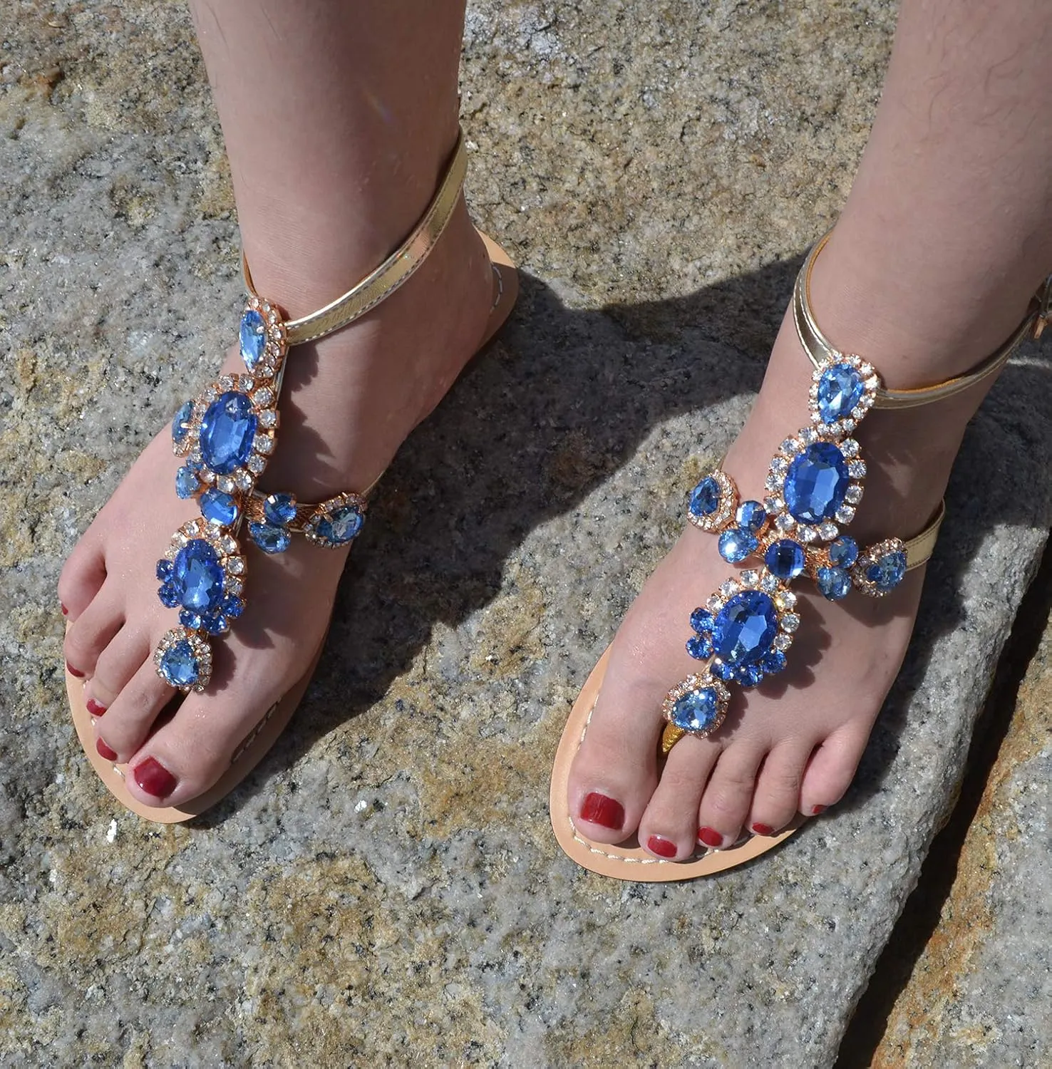 ZhuLinFeng Women'S Rhinestone Gladiator Sandals Flat Wedding Sandals Gem Pearl Sparkling Bridal Bridesmaid Sandals Blue Bohemian Sandals