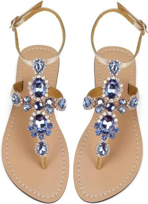 ZhuLinFeng Women'S Rhinestone Gladiator Sandals Flat Wedding Sandals Gem Pearl Sparkling Bridal Bridesmaid Sandals Blue Bohemian Sandals
