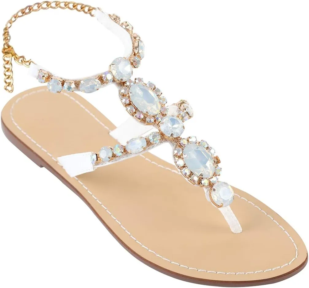 ZhuLinFeng Women'S Rhinestone Gladiator Sandals Flat Wedding Sandals Gem Pearl Sparkling Bridal Bridesmaid Sandals Blue Bohemian Sandals