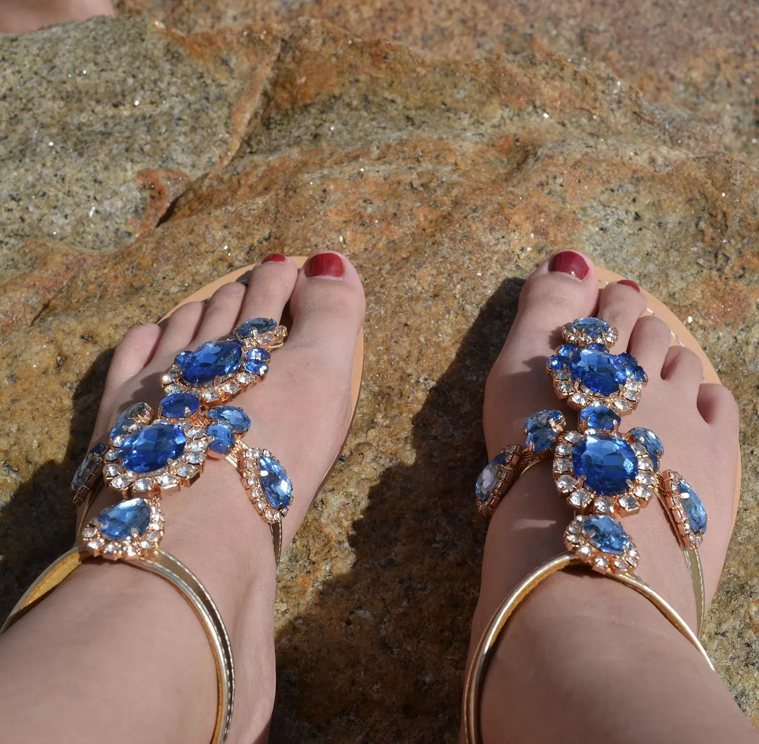 ZhuLinFeng Women'S Rhinestone Gladiator Sandals Flat Wedding Sandals Gem Pearl Sparkling Bridal Bridesmaid Sandals Blue Bohemian Sandals