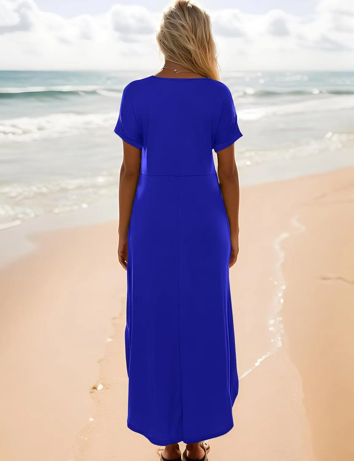 Zilcremo Women Summer Casual Maxi Dress Loose Pockets Short Sleeve Split Boho Dresses Apricot