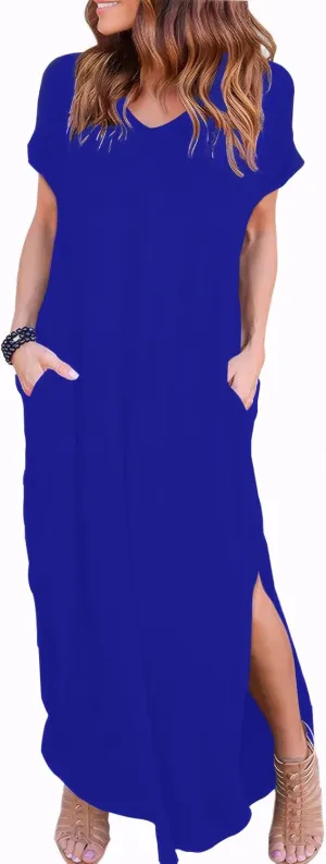 Zilcremo Women Summer Casual Maxi Dress Loose Pockets Short Sleeve Split Boho Dresses Apricot