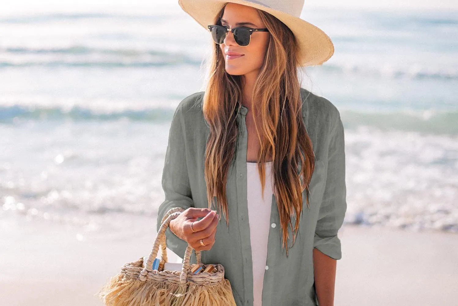 Zoye Chen Women’s Bikini Swimsuit Cover Up Button Down V Neck Shirts Long Sleeve Blouse Beachwear Bathing Suit