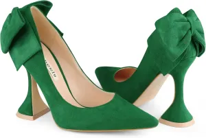 Zzheels Women's 3.74" Bow Pumps Pointed Toe Triangle Heel Pump Wedding Shoes